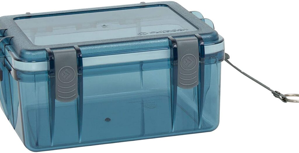 Blue plastic container with keychain and label