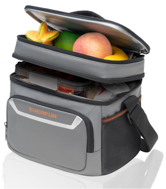 A gray and orange lunch bag with a top compartment filled with fruit and a bottom compartment with a lunch container. The lunch bag has the brand name Everfun printed on it.